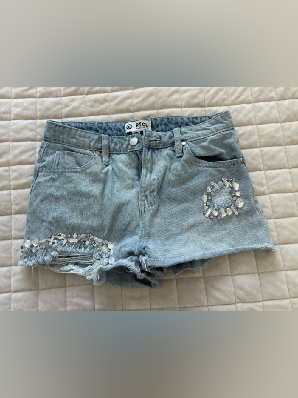 PTCL Light Blue Embellished Denim Shorts